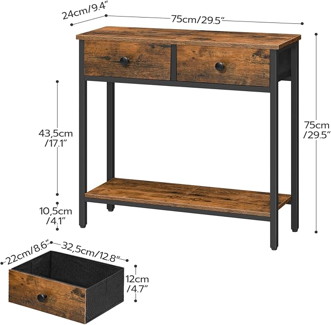 HOOBRO 29.5" Narrow Console Table with 2 Fabric Drawers, Small Entryway Table with 2-Tier Storage Shelves, Sofa Table, Behind Couch Table, for Living Room, Hallway, Rustic Brown and Black BF71XG01
