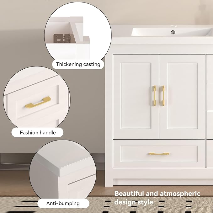 LUMISOL 60 Inch Double Sink Bathroom Vanity, Wooden Freestanding Bathroom Vanity with Soft-Closing Doors and 4 Storage Drawers, 60” Bathroom Cabinet with Resin Sink, White