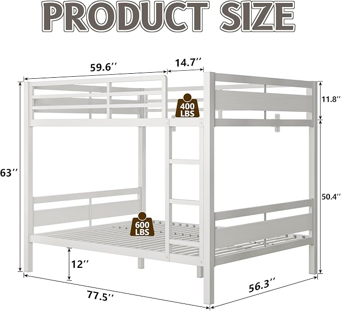 Feonase Metal Bunk Bed Full Over Full with Ladder and High Guardrail, Heavy-Duty Metal Slats Support, Noise Free, No Box Spring Needed, for Kids and Juniors, White