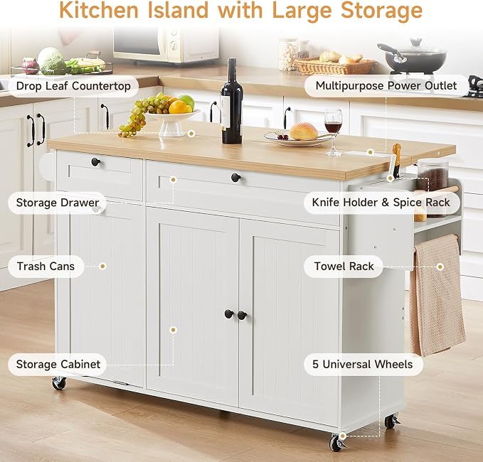 ONBRILL 60" Kitchen Island with Trash Can Storage, White