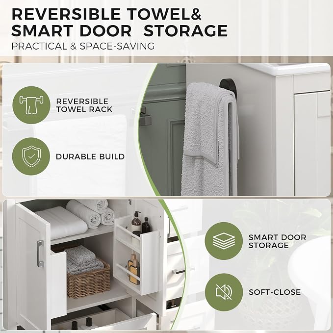 LUMISOL 42 Inch Bathroom Vanity with Ceramic Sink, Freestanding Bathroom Vanity with 4 Storage Drawers, 2 Soft Close Doors, Adjustable Shelf and Door Rack, White