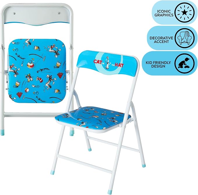 Idea Nuova 3-Piece Furniture Set with 1 Square Table & 2 Folding Chairs for Kids, Cat in The Hat