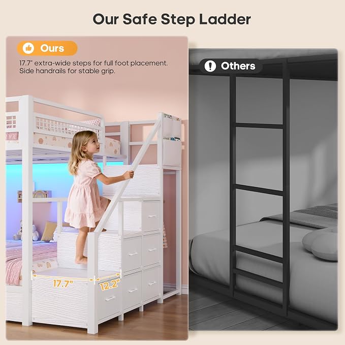 BTHFST Bunk Bed Full Over Full with Stairs, Storage Drawers and LED Lights