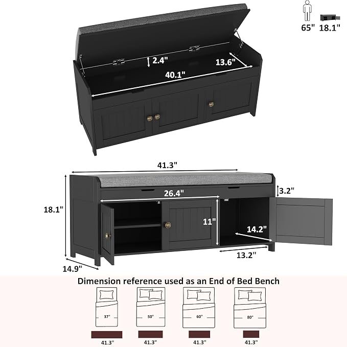HOMEFORT 41.3" Shoe Bench with Lift Top Storage, Entryway Bench with Cushioned Seat, Wooden End of Bed Bench, Shoe Cabinet Bench with Hidden Storage Space, for Bedroom, Hallway,Black