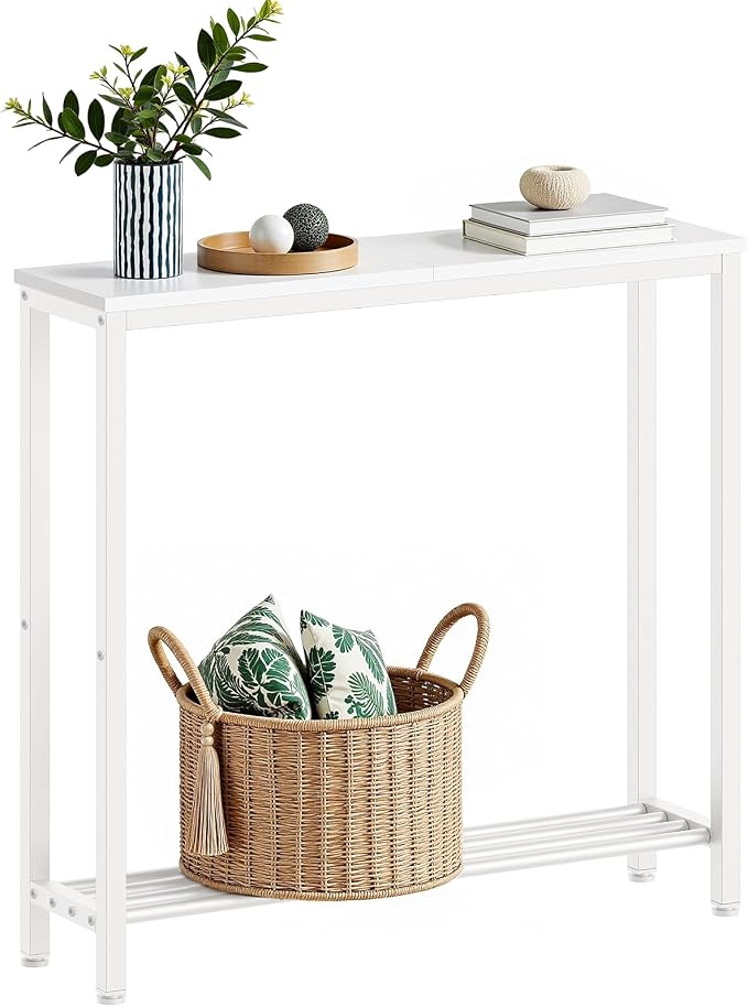 YATINEY Narrow Console Table, 2-Tier Small Sofa Table, 29.5" Thin Entryway Behind Couch Table with Shelves, Industrial Hallway Table, for Living Room, Foyer, White CT03WW