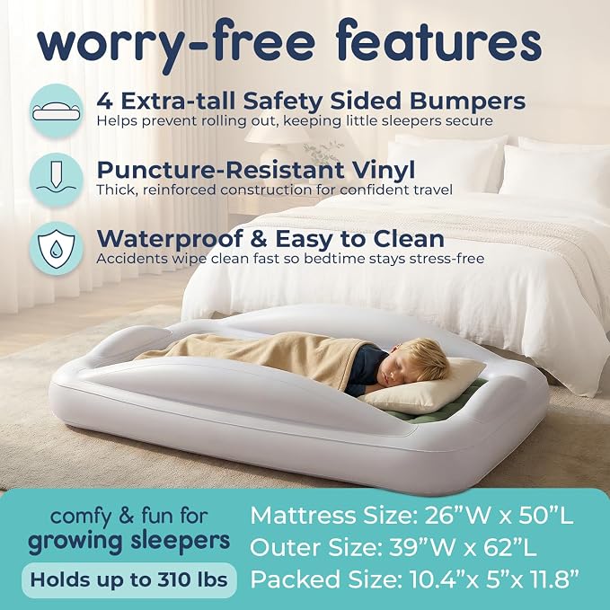 Hiccapop Inflatable Toddler Bed with Safety Bumpers, Kids Travel Bed, Sage