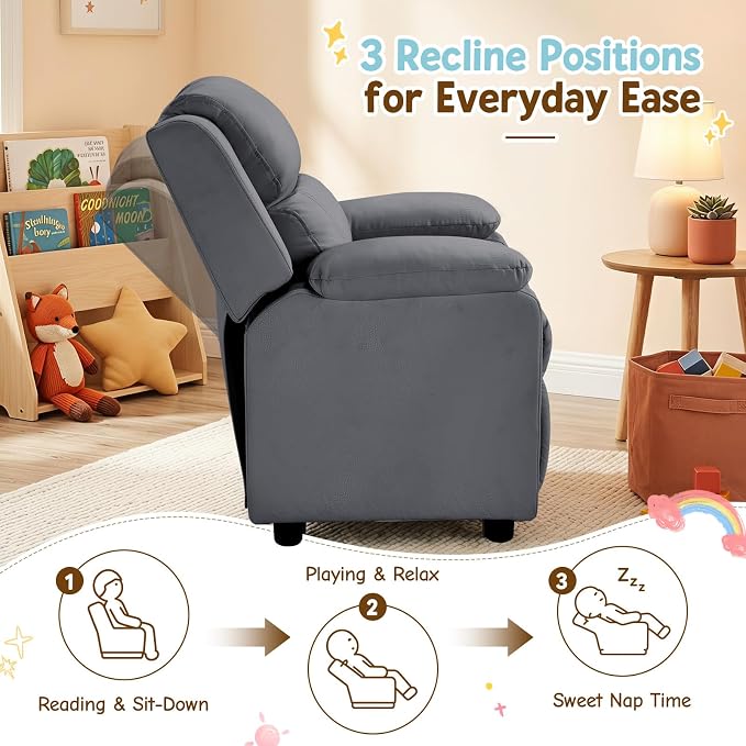 CANMOV Kids Push Back Recliner Chair, Gray Faux Leather Toddler Sofa.