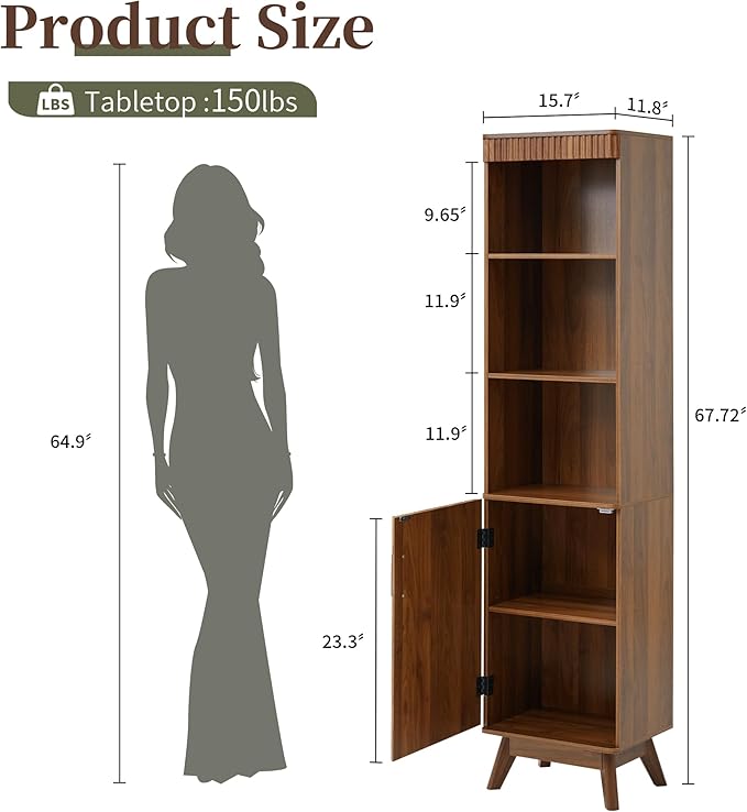 Bifins 68" Tall Walnut Bathroom Storage Cabinet,15.7" Width | Narrow,Fluted Door,Adjustable Shelf,5 Tier,Next to Toilet,Next to TV Stand,Laundry Storage,Space Saving,Tower Storage