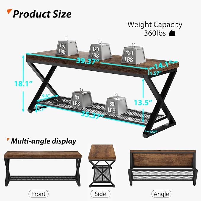 LVB Rustic Brown Entryway Bench, 39" Industrial Shoe Bench with Storage
