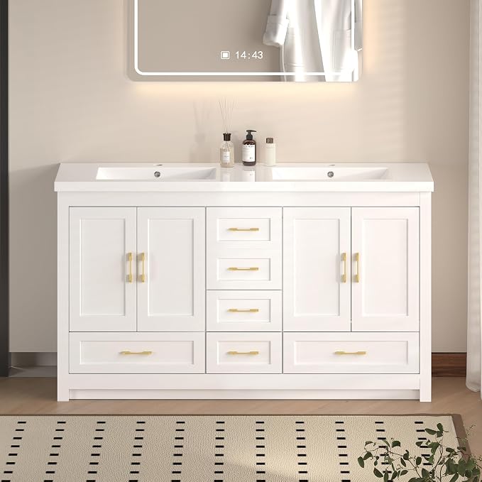 LUMISOL 60 Inch Double Sink Bathroom Vanity, Wooden Freestanding Bathroom Vanity with Soft-Closing Doors and 4 Storage Drawers, 60” Bathroom Cabinet with Resin Sink, White