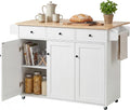 Kitchen Island Cart on Wheels with Drop Leaf & Storage - 45" Rolling Kitchen Cart with Locking Casters, 3 Drawers, 2 Cabinets & Towel Rack, Light Oak Top, White Farmhouse Style