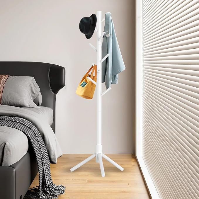 Aliphon Wooden Coat Rack Stand, Freestanding Coat Rack with 8 Hooks, 3 Adjustable Size Coat Tree for Hats, Coats, Scarves bags, Coat Hanger Stand Used in Bedroom/Office/Entryway （White）