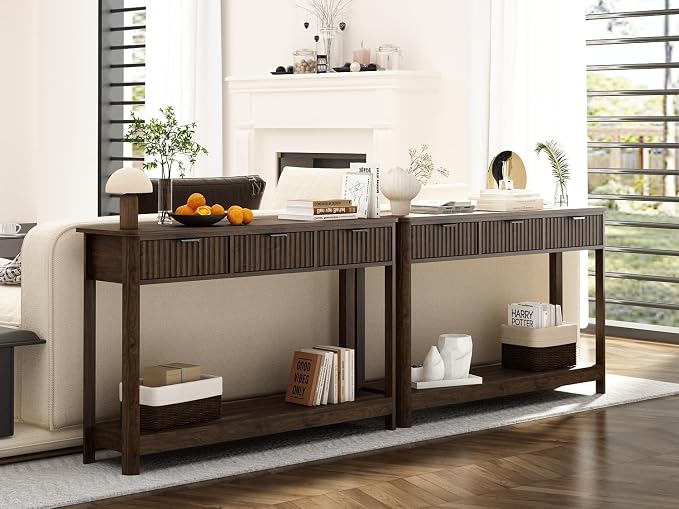 RUSTOWN Fluted Wood Console Table with 3 Drawers, 47.2" Boho Entryway Table