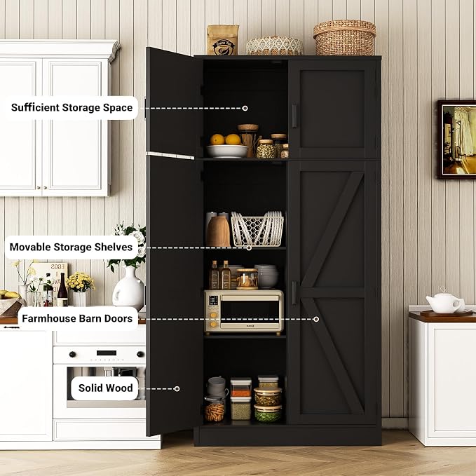 Unikito 71” Tall Kitchen Pantry Storage Cabinet with Adjustable Shelves | Large Farmhouse Storage Cupboard, Barn Doors, Sturdy and Deep, Versatile for Dinning Room, Living Room, Bathroom, Black