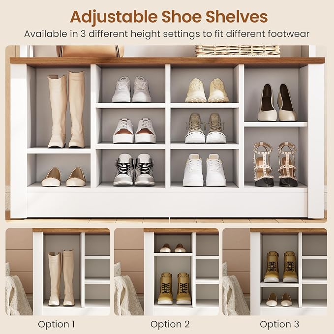 Itaar Hall Tree with Bench and Shoe Storage, 3-in-1 Entryway Bench with Coat Rack, Hall Tree with Adjustable Shoe Storage and Hanging Hooks, White and Brown (White and Brown)