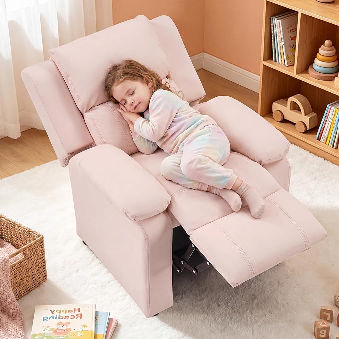 CANMOV Kids Push Back Recliner Chair, Pink Faux Leather Toddler Sofa.