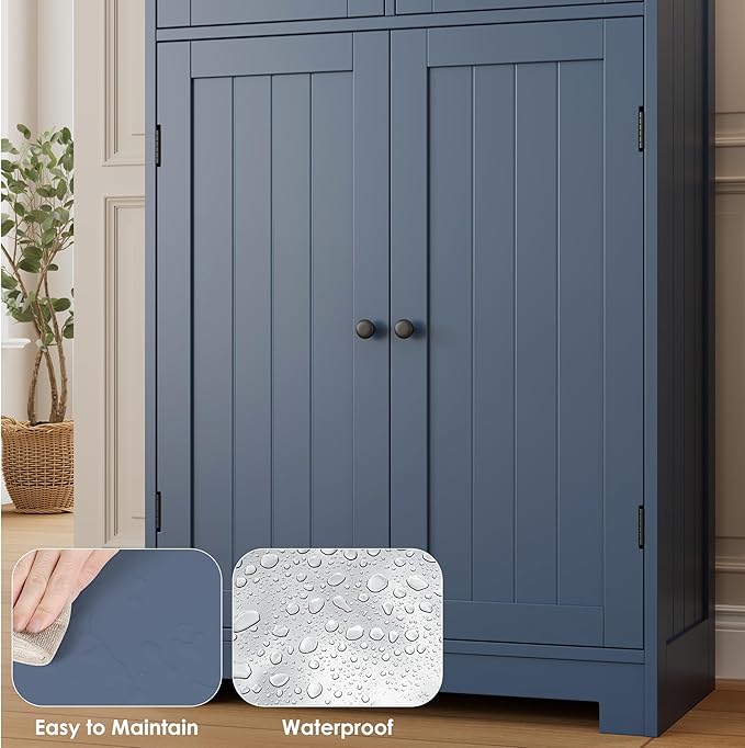 HORSTORS 67" H Bathroom Storage Cabinet, Blue Linen Cabinet with Drawers | Freestanding Bathroom Cabinet with Glass Door & Shelf, Modern Tall Storage Cabinet for Bathroom, Living Dining Room, Kitchen