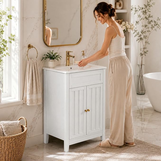 VINGLI 24 Inch Bathroom Vanity with Sink, Washed White Freestanding Farmhouse Vanity Cabinet, Single-Hole Ceramic Basin with Overflow, 2-Door Storage with U-Shaped Shelf