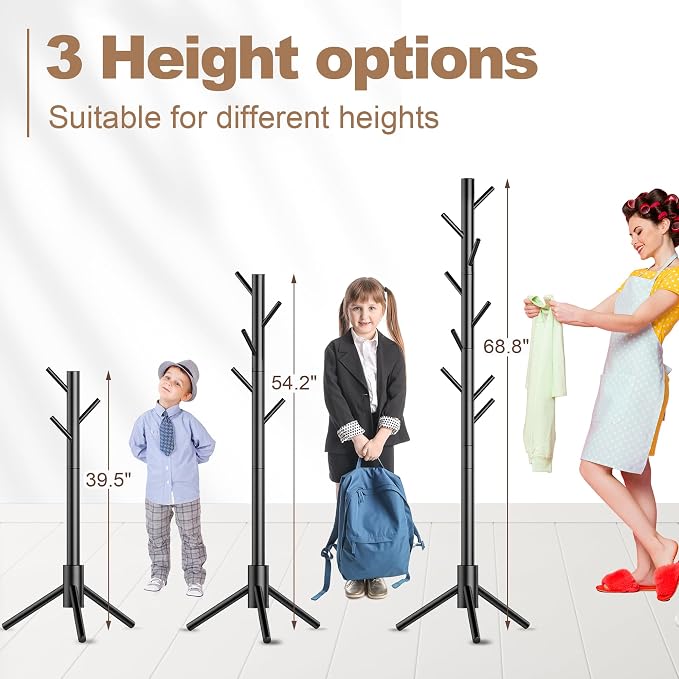 Aliphon Wooden Coat Rack Stand, Freestanding Coat Rack with 8 Hooks, 3 Adjustable Size Coat Tree for Hats, Coats, Scarves bags, Coat Hanger Stand Used in Bedroom/Office/Entryway,2 PCS (Black)