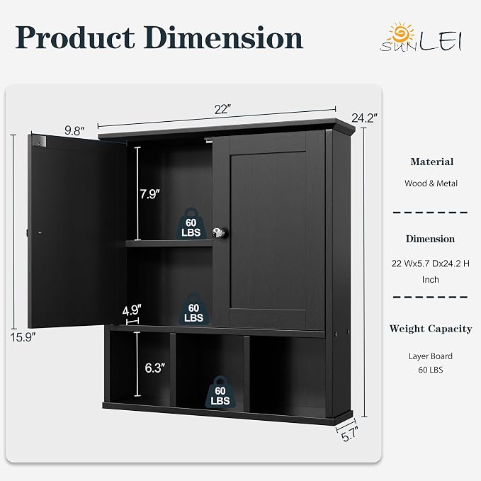 DL-win Meilocar Bathroom Wall Cabinet, Bathroom Cabinet Wall Mount Organizer Shelf for Toiletries, Towels & Essentials – Waterproof MDF, Space-Saving Bathroom Storage (Classic Black)