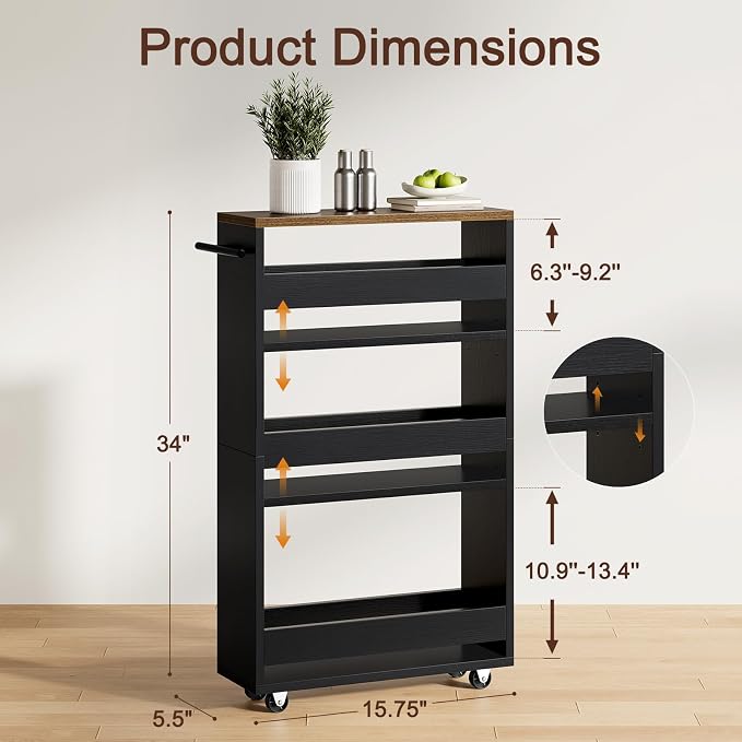 Yoobure Rolling Slim Storage Cart - Narrow Cart on Wheels, Slide Out Utility Carts, Organizer Trolley with Handle & Flip Top for Kitchen, Laundry