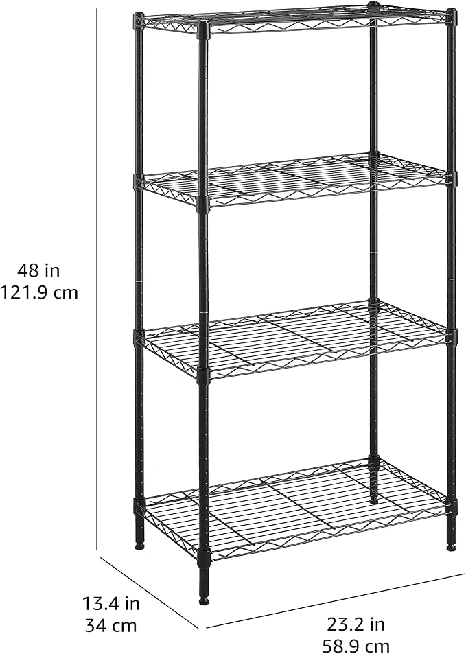 Amazon Basics 4-Shelf Steel Wire Storage Shelves for Garage, Adjustable Metal Shelving Unit, 200 lbs Per Shelf, 23.2" W x 48" H x 13.4" D, Black