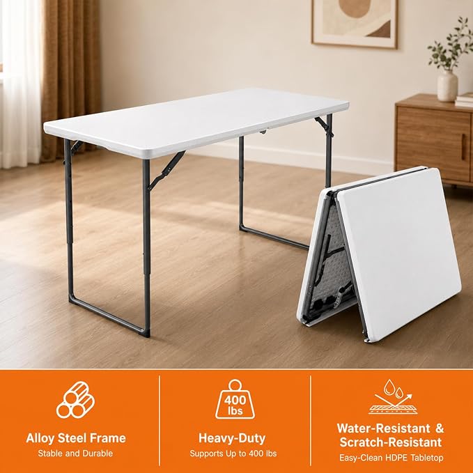 4 Foot Folding Table, Portable Fold-in-Half Utility Table [Adjustable Height with Carrying Handle][4FT Heavy Duty] for Party, Wedding, Picnic, Camping, Indoor & Outdoor, White