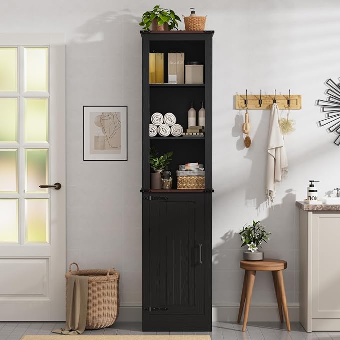MHOM 71" Tall Bathroom Storage Cabinet. Farmhouse Storage Cabinet with Adjustable Shelves, Narrow Linen Tower Cabinet for Bathroom, Laundry, and, Living Room, Black