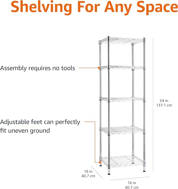 Amazon Basics 5-Shelf Tower Adjustable Storage Shelving Unit, Chrome, 16" x 16" x 54", 150 lbs Per Shelf