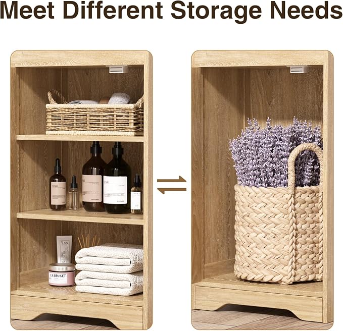 Tall Narrow Rattan Bathroom Storage Cabinet with Doors and Drawers, Natural | Freestanding Skinny Tower Linen Cabinet, Rattan Door, Rattan Drawer, Adjustable Shelves, Open Storage, for Kitchen, Bathroom