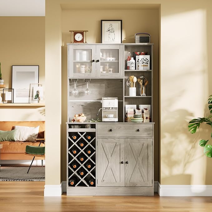 Garvee Coffee Bar Cabinet with Power Outlet & Exquisite Barn Doors, Sideboard Buffet Cabinet with Wine Bottle Rack, Storage Cabinet for Kitchen, Dining Room