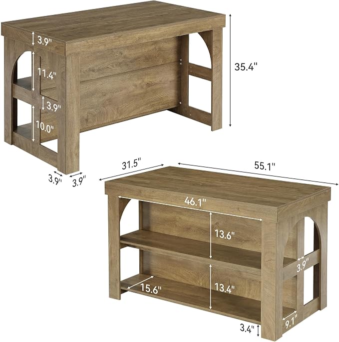 LITTLE TREE Kitchen Island with Storage, 55-Inch Large Stationary Center Island with Seating Space & 3 Shelves, Farmhouse Wooden Bar Table for Kitchen, Rustic Brown