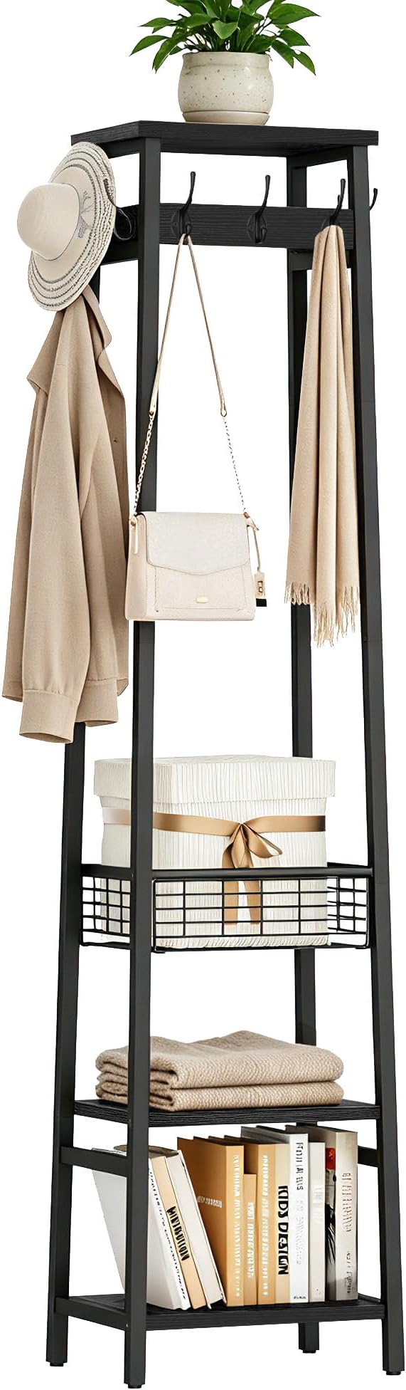 Coat Rack with Metal Basket and Storage Shelves