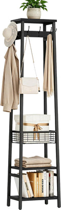 Coat Rack with Metal Basket and Storage Shelves