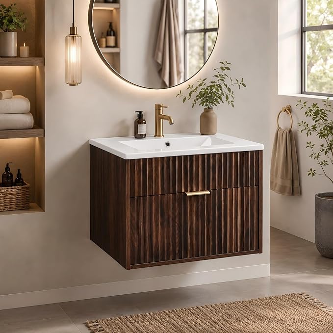 VINGLI 24 Inch Floating Bathroom Vanity with Sink, Wall-Mounted Dark Walnut Cabinet with Fluted Drawer, Divided Storage, Gold-Tone Handle and Ceramic Sink