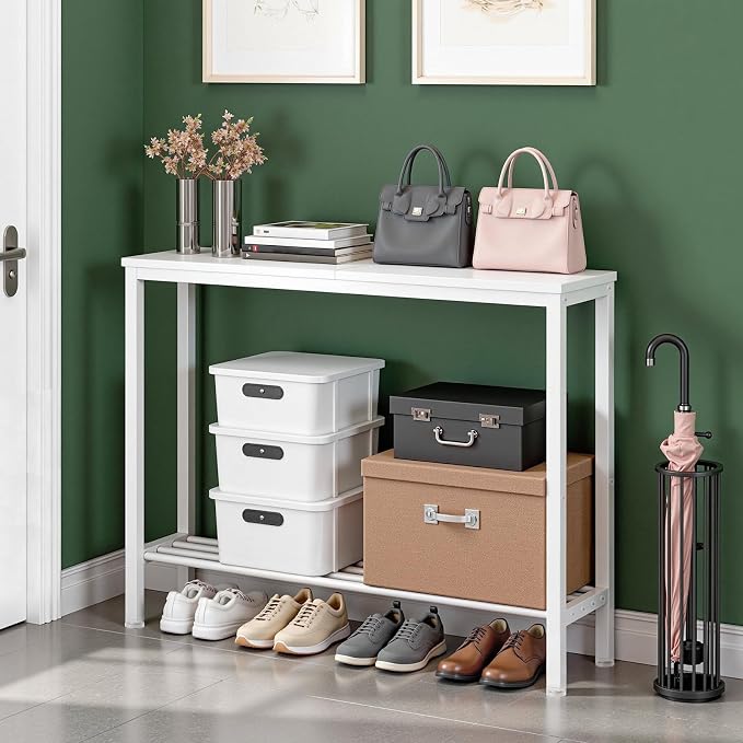 YATINEY Narrow Console Table, 2-Tier Small Sofa Table, 29.5" Thin Entryway Behind Couch Table with Shelves, Industrial Hallway Table, for Living Room, Foyer, White CT03WW
