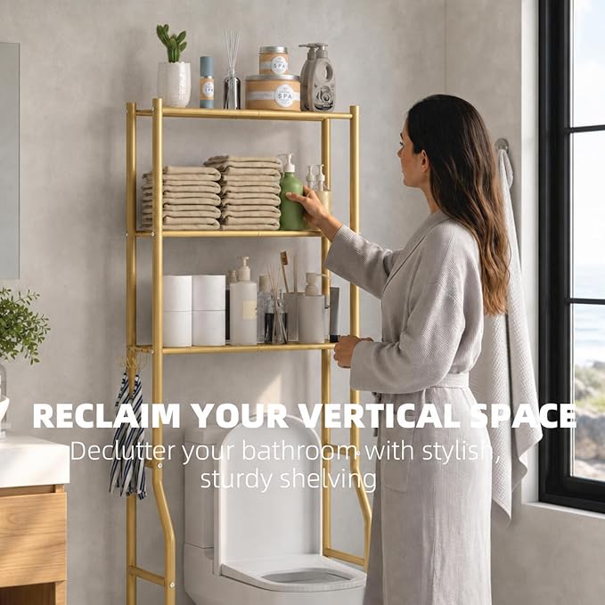 GloTika 3-Tier Over Toilet Storage, Anti-Tilt, 64" H, Gold | Anti-Tilt Safety System, 150lb Capacity, Carbon Steel, Freestanding, No Drilling, Anti-Rust Coating, Paper Holder & 4 Hooks