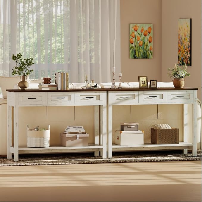 YOSHOOT 45" Farmhouse Entryway Console Table, Desk Behind the Couch with 3 Drawers and 2-Tier Shelves, Narrow Sofa Table for Hallway, Bedroom, Living Room, White Brown