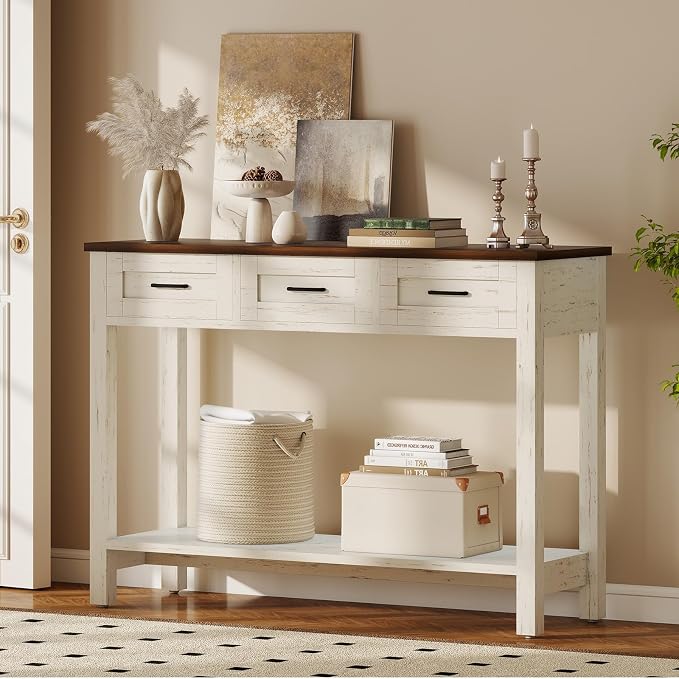 YOSHOOT 45" Farmhouse Entryway Console Table, Desk Behind the Couch with 3 Drawers and 2-Tier Shelves, Narrow Sofa Table for Hallway, Bedroom, Living Room, White Brown