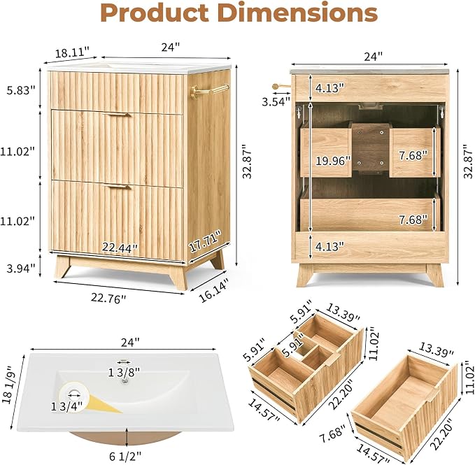 VINGLI 24 Inch Bathroom Vanity with Sink, Modern Fluted Bathroom Vanity Cabinet with Drawers, Freestanding Oak Bathroom Sink Cabinet, Ceramic Basin, Side Toilet Paper Holder, Oak