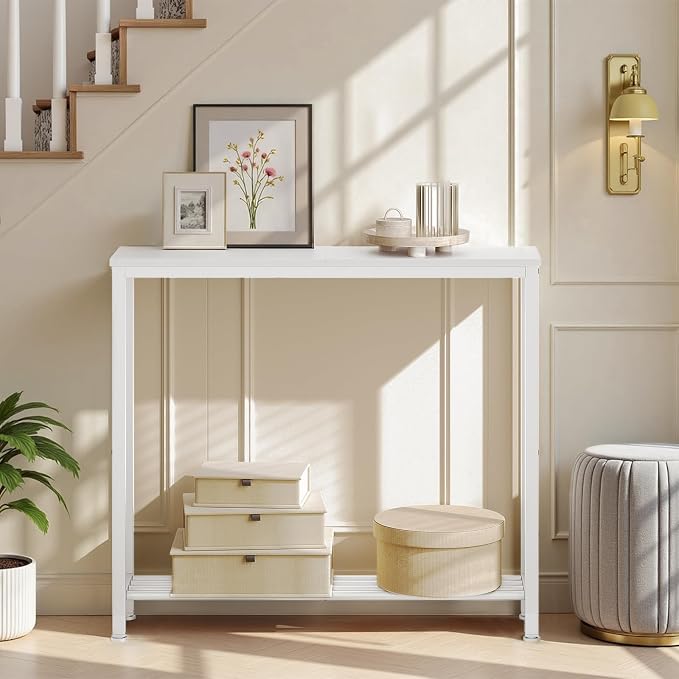 YATINEY Narrow Console Table, 2-Tier Small Sofa Table, 29.5" Thin Entryway Behind Couch Table with Shelves, Industrial Hallway Table, for Living Room, Foyer, White CT03WW