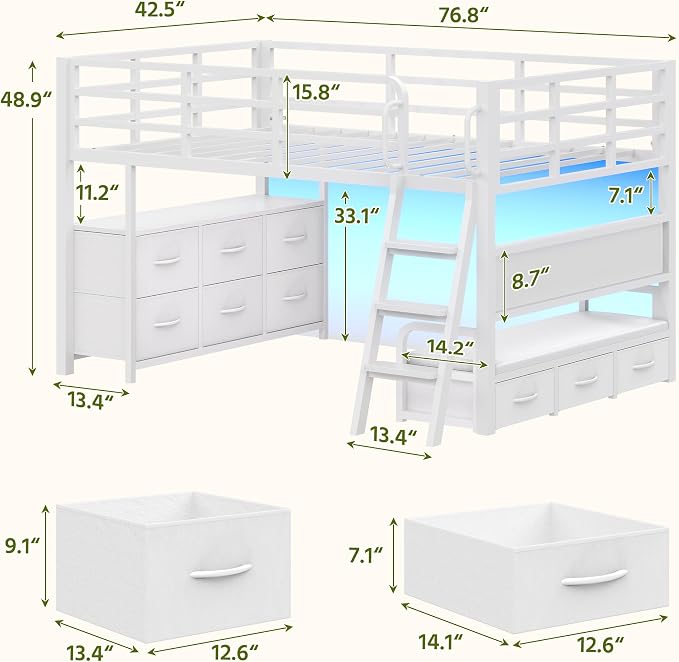 Dnxao Low Loft Bed Twin Size with 9 Storage Drawers and Desk for Kids,White