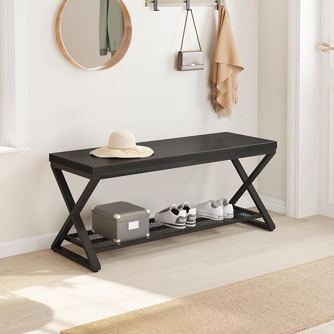 LVB Black Entryway Bench with Storage, Indoor Shoe Bench with Seating 39 in