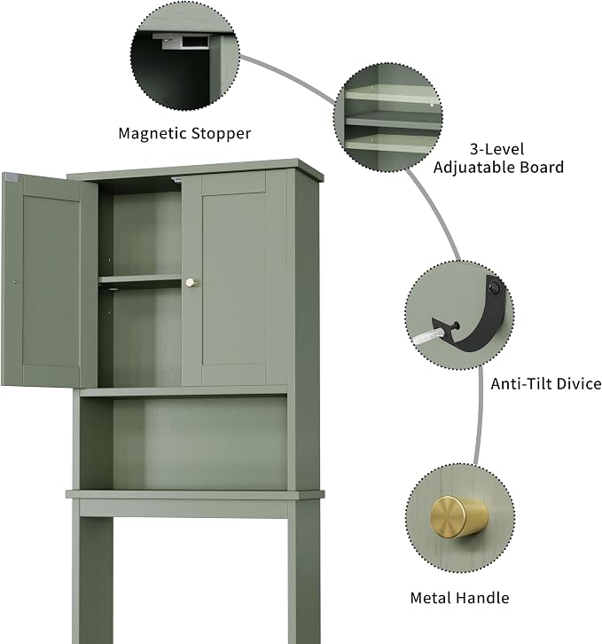 Shintenchi Over the Toilet Storage Cabinet, Bathroom Shelf Organizer with Anti-Tip Device Small Freestanding Space Saver with Adjustable Shelf，Green