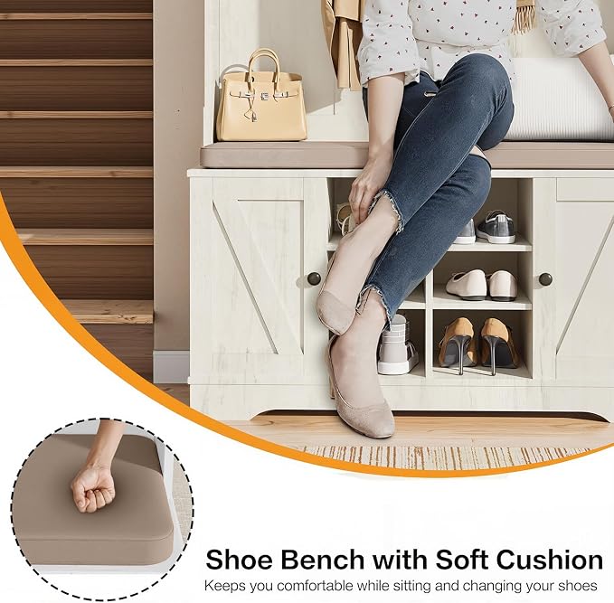 71“ White Hall Tree with Bench and Shoe Storage, 6 Adjustable Shelves,