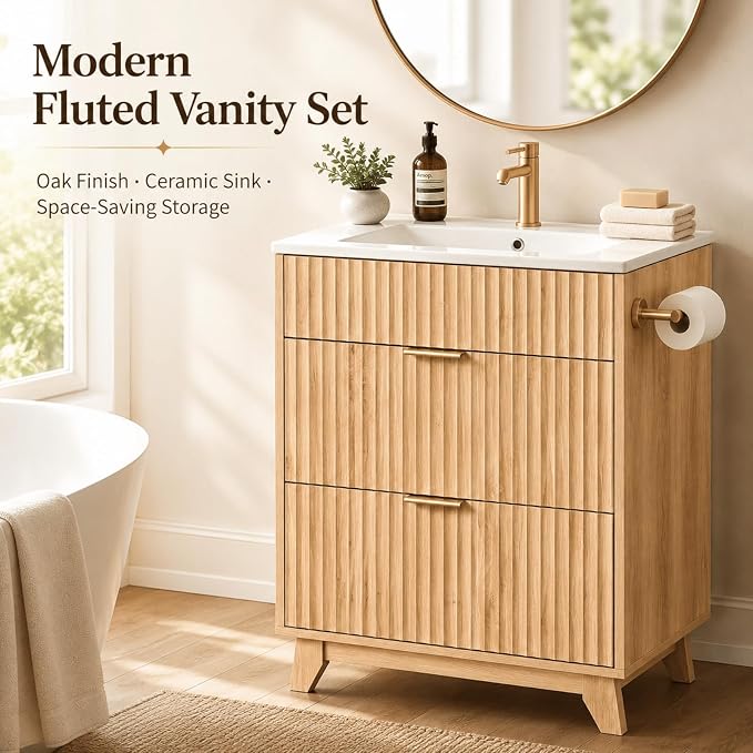 VINGLI 24 Inch Bathroom Vanity with Sink, Modern Fluted Bathroom Vanity Cabinet with Drawers, Freestanding Oak Bathroom Sink Cabinet, Ceramic Basin, Side Toilet Paper Holder, Oak