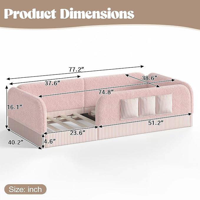 Bellemave Twin Upholstered Montessori Floor Bed with Storage Pocket,Pink