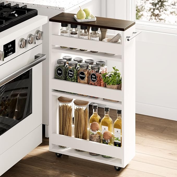 Yoobure Rolling Slim Storage Cart - Narrow Cart on Wheels, Slide Out Utility Carts with Adjustable Shelves, Organizer Trolley with Handle & Flip Top for Kitchen, Laundry