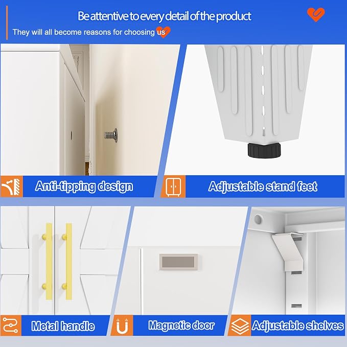 GAIOUS 74.8" Tall Kitchen Pantry Cabinet, Metal File Storage Cabinet White | Steel Office Cabinet, Freestanding Cupboard with 2 Doors and 5 Adjustable Shelves, Bathroom Kitchen Home Garage Tool Cabinet