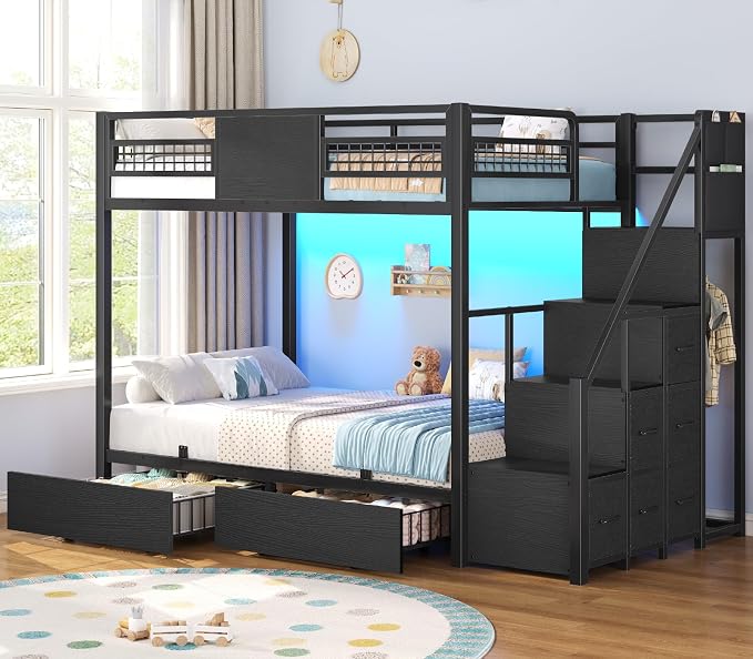 BTHFST Bunk Bed Twin Over Twin with Stairs, Storage Drawers and LED Lights